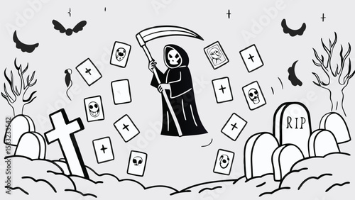Grim reaper with scythe surrounded by cards in a graveyard with bats and tombstones scene art