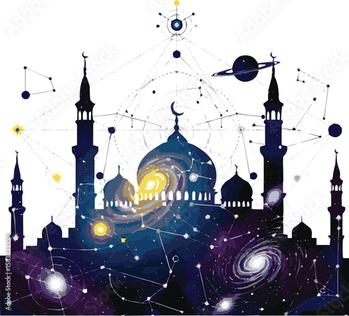 Create a kinds of deferent Abstract image of Arabic mosque in the form of a starry sky or space, consisting of points, lines, and shapes in the form of planets Vector art,