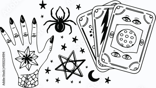 Mystical hand with star tattoo, spider, tarot cards, stars and moon in black and white illustration