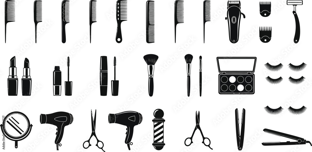 Fototapeta premium Black and white beauty salon equipment and makeup icons set