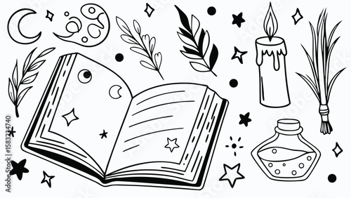 Outlined magical elements with open book, candle, potion and celestial bodies, stars and plants art 100