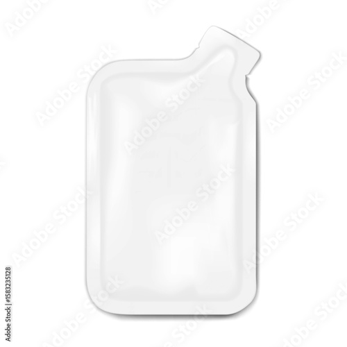 White blank tear notch bottle-shaped sachet pouch. Realistic 3d vector mockup. Flat plastic bag. Mock-up. Liquid food product single-serving individual packet package. Template for design