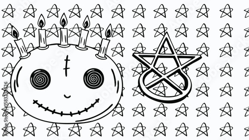Whimsical voodoo doll with candles and pentagram surrounded by stars in a black and white drawing