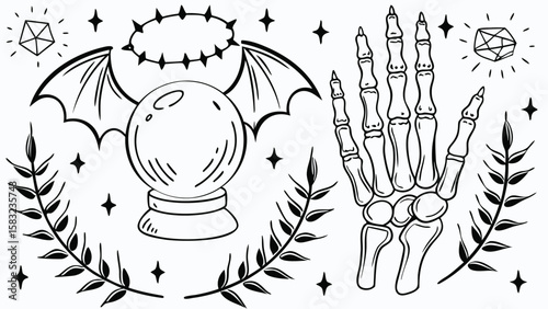 A sketch of a crystal ball with bat wings, a skeleton hand, and stars on a white background