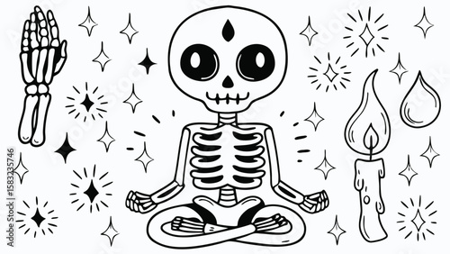 Meditating skeleton with candle and skeleton hand surrounded by stars and a teardrop shape