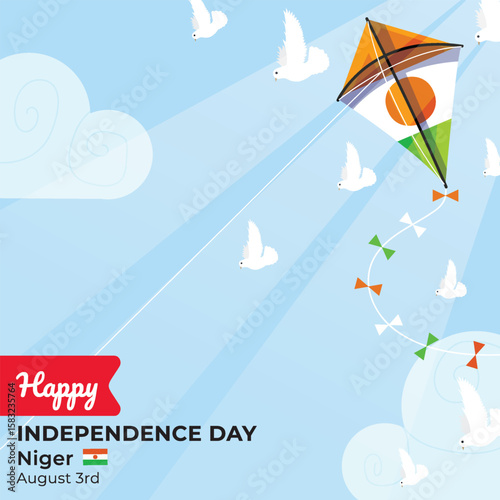 Kite with Niger Flag Flying Under Bright Blue Sky with Sunlight and White Doves. Niger Independence Day.