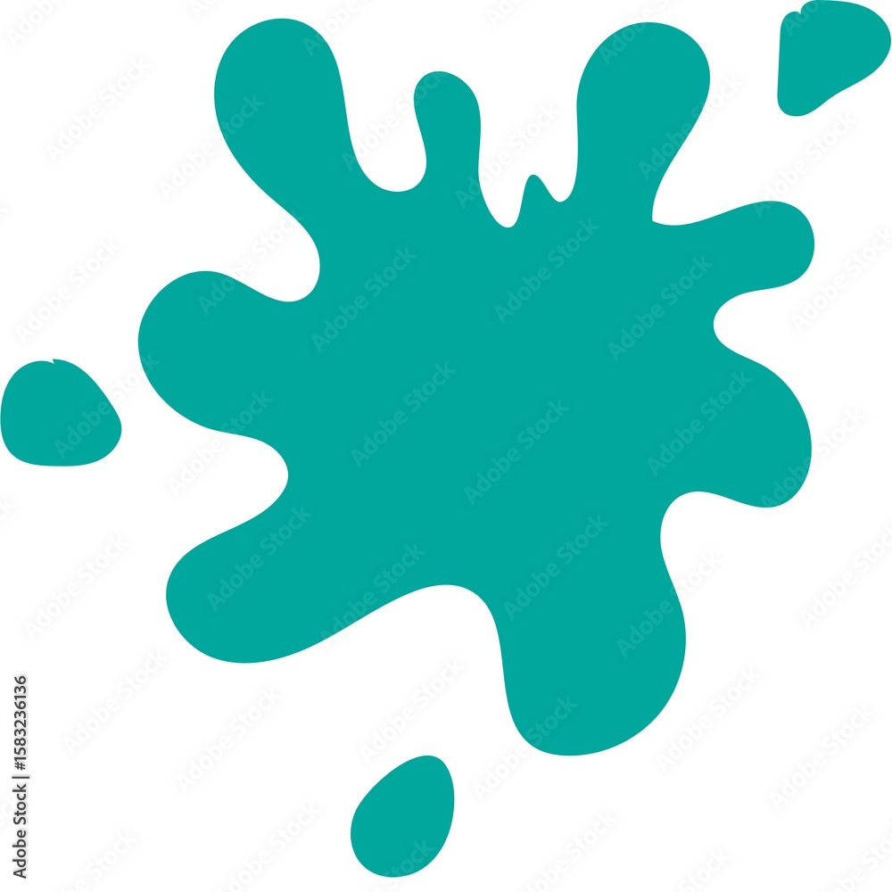 Isolated turquoise splash on a white background with irregular edges and small droplets around it Isolated turquoise splash on a white background with irregular edges and small droplets around it