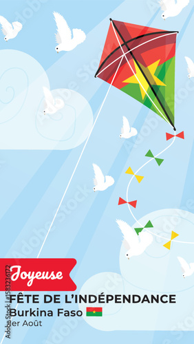Kite with Burkina Faso Flag Flying Under Bright Blue Sky with Sunlight and White Doves. Burkina Faso Independence Day.