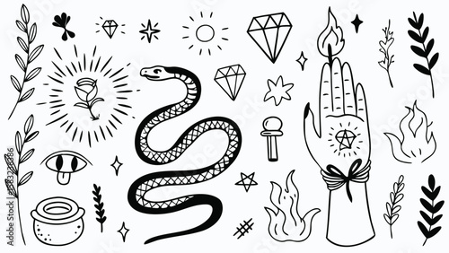 Collection of mystical and occult symbols including snake rose hand and other elements art line work