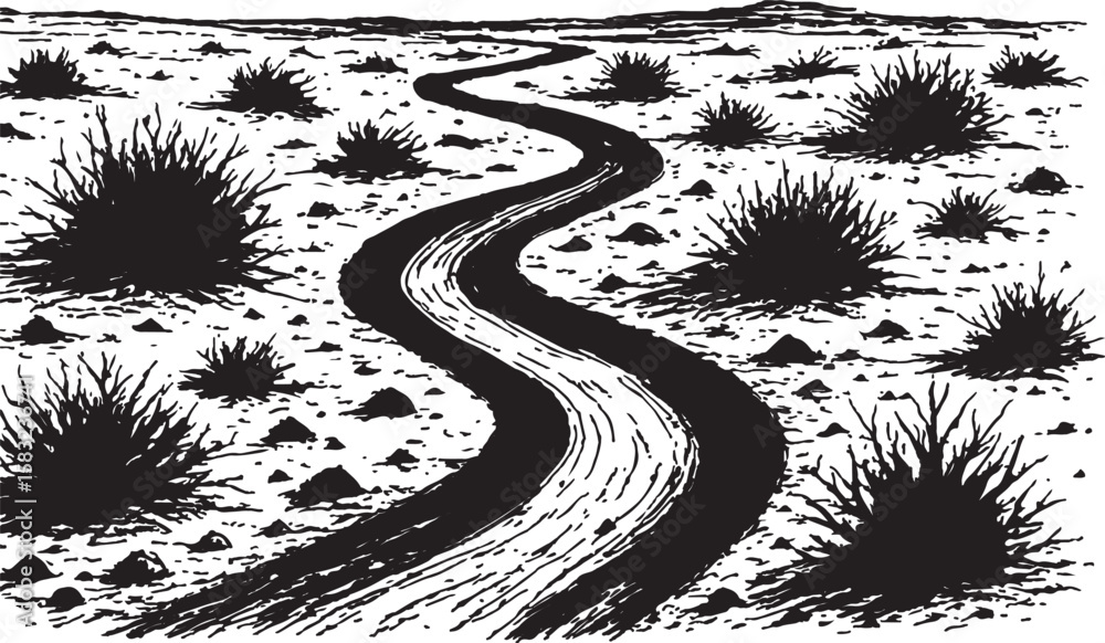 Fototapeta premium Stylized black and white illustration of a winding river flowing through a sparse desert landscape with scrub brush and distant hills