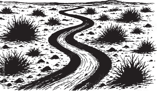Stylized black and white illustration of a winding river flowing through a sparse desert landscape with scrub brush and distant hills