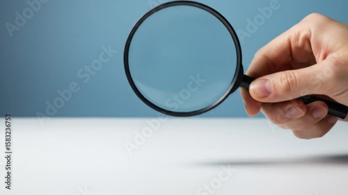 Hand with magnifying glass on blue and white background