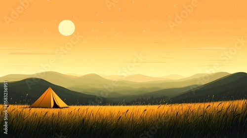 Quiet tents on the grassland and distant mountains