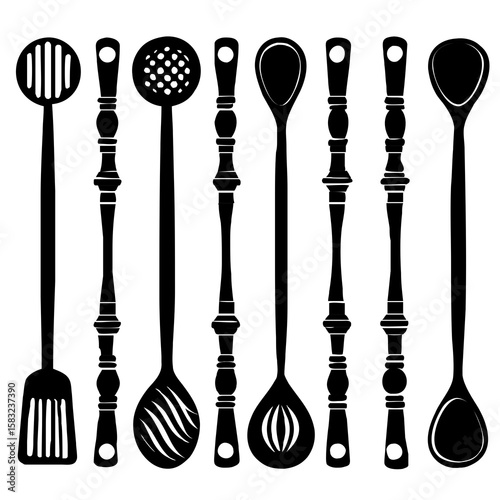 Black silhouette collection of ornate spoons vector