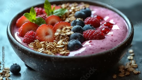 Colorful fruit and granola bowl with yogurt.