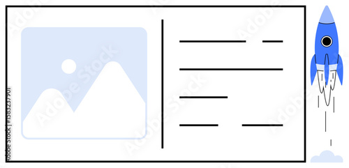 Blue rocket launching upward beside image placeholder and text blocks in a clean layout. Ideal for creativity, growth, innovation, progress, startup, technology, success. Simple flat metaphor