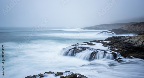 Wallpaper Mural Ocean waves crashing against the rocky shore on a foggy day, creating a misty and dramatic coastal scene. Torontodigital.ca