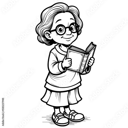 Elderly woman reading book while smiling – Learning and wisdom concept