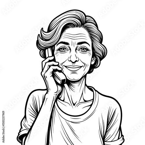 Elderly woman smiling on phone – Communication, connection, copy-space
