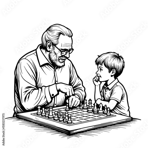 Grandfather teaching boy chess – intergenerational bonding, strategy game