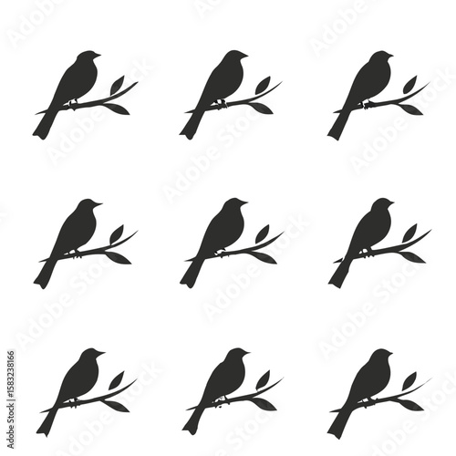 Nine dark bird silhouettes on branches birds perched