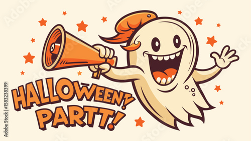 Cartoon ghost announces halloween party with megaphone surrounded by orange stars and text design