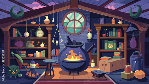 A witchy room with a cauldron, bookshelves, a cat, candles, and a round window under a starry sky