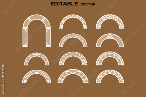Collection of nine unique abstract architectural archway designs in a neutral color palette