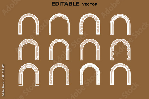 Collection of twelve modern abstract archway designs in neutral tones on a brown background