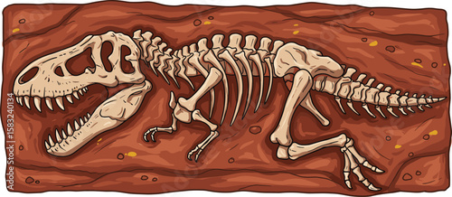 Dinosaur fossil skeleton cartoon, ancient bones illustration, prehistoric creature remains in rock, archaeological discovery clipart, extinct animal drawing, paleo excavation site vector art