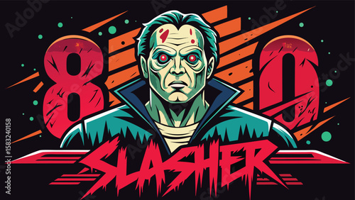 Illustration of a zombie with red eyes and blood spots with the word slasher and the number eight zero
