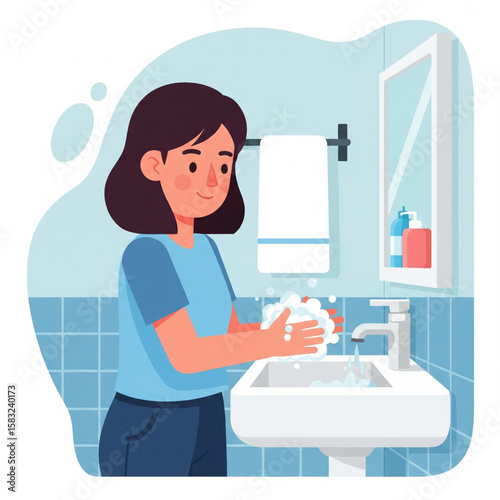 Woman washing hands with soap in bathroom.eps