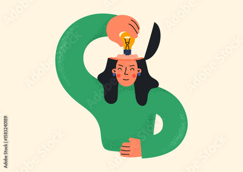 Woman puting a light bulb in her head. Selfdevelopment, creativity, selfeducation, new idea concept.