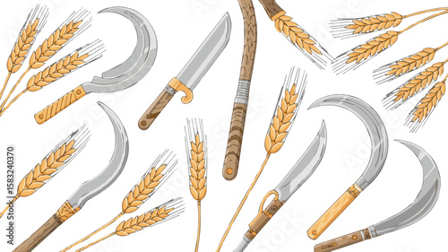 Create a kinds of deferent Sickle and wheat ears vector art with white background.