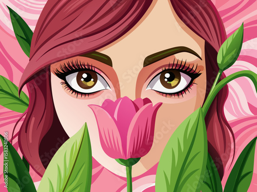 vector of Beautiful girlish eyes and lips hidden behind a pink tulip, with a pink background.