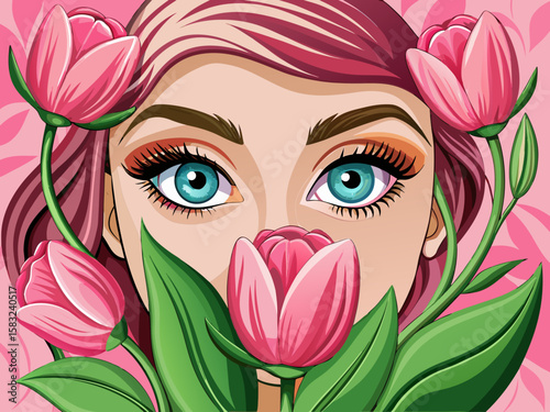 vector of Beautiful girlish eyes and lips hidden behind a pink tulip, with a pink background.