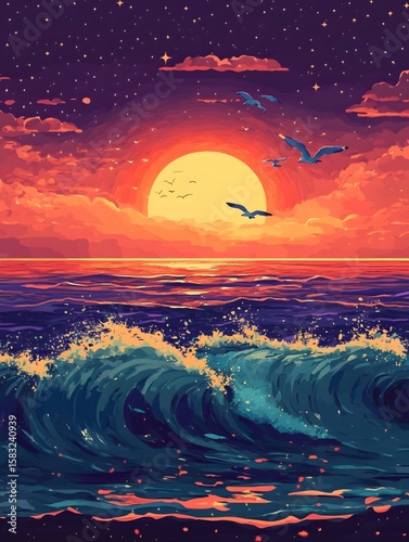 Under the sunset, golden waves and seagulls fly along the coast
