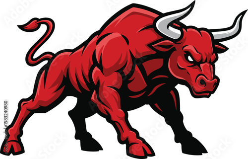 Angry red bull, strong animal mascot, powerful charging bull, aggressive wild beast, muscular farm animal, cartoon illustration, horned creature artwork, vector design for branding.