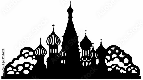 Silhouette of st basil's cathedral with ornate domes and spires against a white background in a vector art