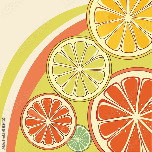 Retro fruit slices arrangement with orange, grapefruit, lime, and lemon on a striped background