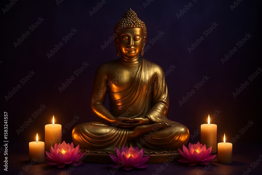 Fototapeta premium Golden Buddha statue with pink lotus flowers and candles