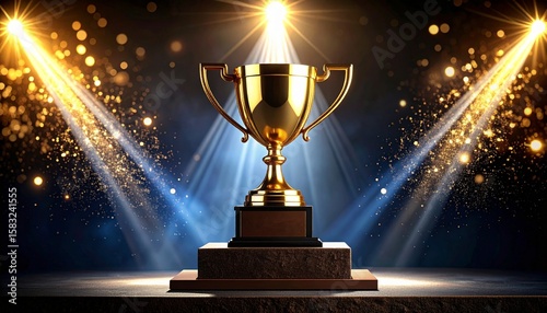 Glowing Gold Trophy on Velvet Podium with Dramatic Spotlight and Subtle Bokeh

