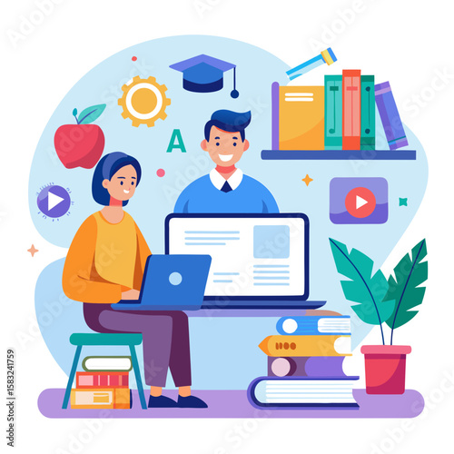 A colorful, flat vector illustration of an online course or e-learning platform. A student is sitting at a desk with a laptop, and a professor appears on the screen, surrounded by books and icons.
