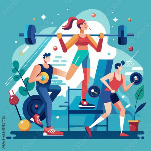 A flat vector illustration of a sports and fitness scene. Characters are running, lifting weights, and doing exercises at a gym