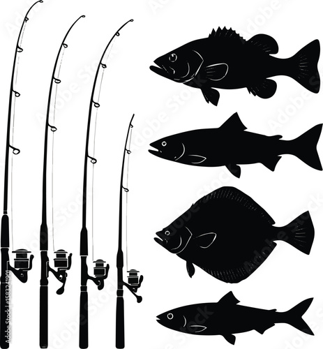 Create a kinds of deferent Spinning rod and fish silhouettes vector art with white background.