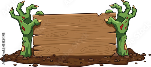 Zombie hands holding wooden sign, Halloween horror board, creepy undead arms, spooky signpost art, cartoon graveyard design, scary monster hand sign banner.