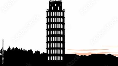 Silhouette of the leaning tower of pisa with trees and mountains against a bright sky background view