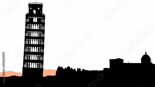 Silhouette of the leaning tower of pisa and buildings against a white background in italy city view