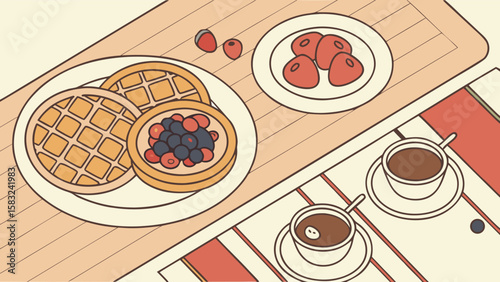 Still life of waffles with berries strawberries and coffee cups on a striped tablecloth scene