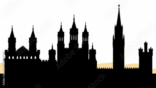 Silhouette of a medieval castle skyline with multiple towers and spires against a light background